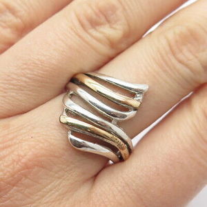 925 Sterling Silver 10K Yellow Gold Vintage Multi-Bar Bypass Ring Size 8.25